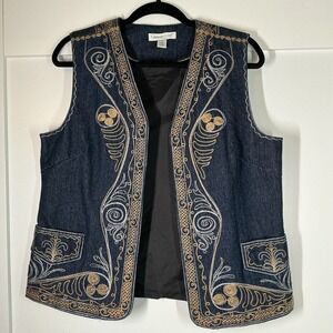 Coldwater Creek Medium Embroidered Denim Vest Boho Hippie Festival Western
